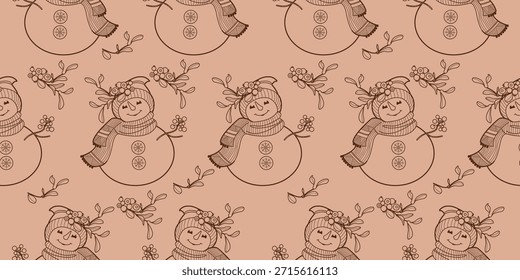 Patrón sin fisuras con copos de nieve y un muñeco de nieve lindo en un sombrero y bufanda. Navidades y antecedentes de Año Nuevo. Diseño para Anuncios, carteles o impresos.