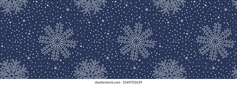 A seamless pattern with snowflakes. A dark blue winter background. Blue and white winter backdrop. An outline snow background.