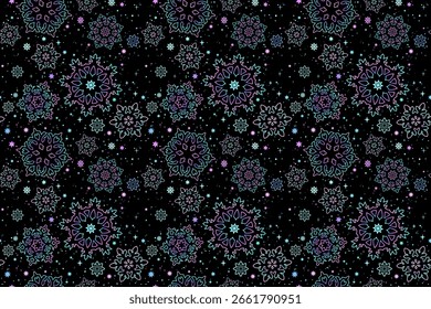 Seamless pattern. Snowflakes of different shapes on a black background