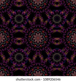 Seamless pattern with snowflakes, doodles and dots in purple, brown and yellow colors on black background. Watercolor painting effect. Handmade drawing. For the Christmas design and decoration.