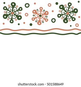 Seamless pattern with snowflakes, doodles and dots in green colors on white background. Watercolor painting effect. Handmade drawing. For the Christmas design and decoration with place for your text.