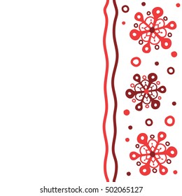 Seamless pattern with snowflakes, doodles and dots in red colors on white background. Watercolor painting effect. Handmade drawing. For the Christmas design and decoration with place for your text.