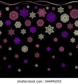 Seamless pattern with snowflakes, doodles and dots in pink, beige and violet colors on black background. For the Christmas design and decoration. Watercolor painting effect. Handmade drawing.