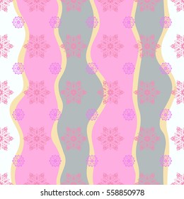 Seamless pattern with snowflakes, doodles and dots in pink colors on wave background. Handmade drawing. For the Christmas design and decoration. Watercolor painting effect.