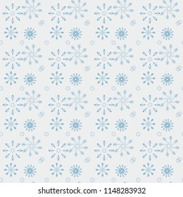 Seamless pattern of snowflakes and dots, blue on white