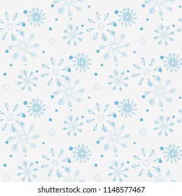 Seamless pattern of snowflakes and dots, blue on white