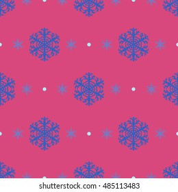 Seamless pattern of snowflakes and dots, blue on pink