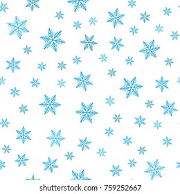 Seamless pattern of snowflakes and dots, blue on white