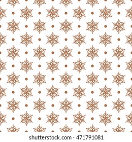 Seamless pattern of snowflakes and dots, brown on white