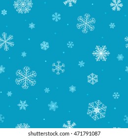 Seamless pattern of snowflakes and dots, white on blue