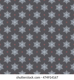 Seamless pattern of snowflakes and dots, white on gray