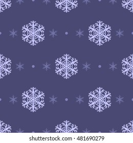 Seamless pattern of snowflakes and dots, white on gray-blue