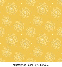 Nahtlose Muster Schneeflocken. Festlicher Winterhintergrund. Silberschneeflocken auf goldenem Hintergrund. Druck für Textilien, Papier, Verpackungen, Vektorgrafik