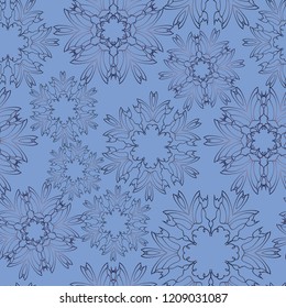 Seamless pattern with snowflakes, flowers on a blue background. Vector.