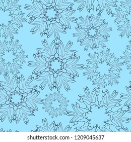 Seamless pattern with snowflakes, flowers on a blue background. Vector. EPS8