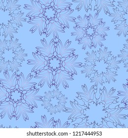 Seamless pattern with snowflakes, flowers on a blue background. Vector. EPS8