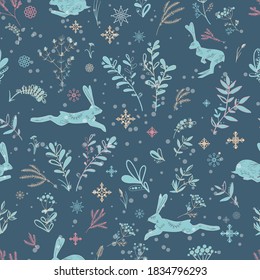 Seamless pattern with snowflakes flowers and plants, for wallpaper, invitations, wrapping paper, cards for Christmas, New Year