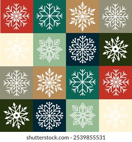 Seamless pattern snowflakes. Geometric background in winter style Christmas red green gold grey cream. Vector template art element for New Year greeting card.