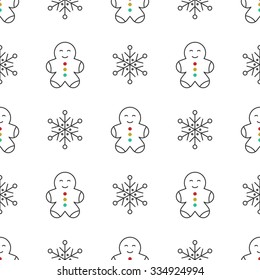 Seamless pattern with snowflakes and gingerbread man in line style. Simple vector background.Christmas theme