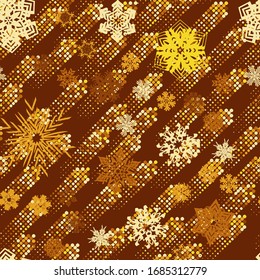 Seamless pattern. Snowflakes. Golden chaos. Editable. The picture contains ascending dynamic groups of elements.