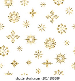 Seamless pattern. Snowflakes with golden glitter isolated on white background. Texture for print, wallpaper, home decor, textile, package design