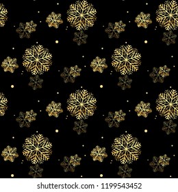 Seamless pattern of snowflakes. Golden snowflakes on dark background. EPS 10
