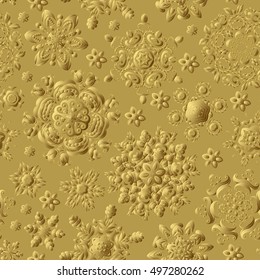 Seamless pattern of snowflakes. Golden snowflakes on gold background.