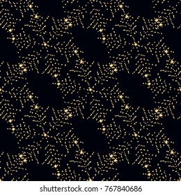 Seamless pattern of snowflakes. Golden snowflakes on dark background.