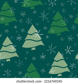 Seamless pattern of snowflakes and green Christmas trees on a dark green background.Loopable Elements