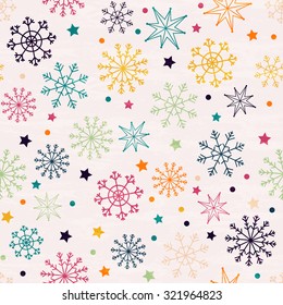 Seamless pattern with snowflakes. Hand drawn design for Christmas and New Year greeting cards, fabric, wrapping paper, invitation, stationery. Grunge seamless vector texture is in the separate layer. 