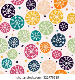 Seamless pattern with snowflakes. Hand drawn design for Christmas and New Year greeting cards, fabric, wrapping paper, invitation, stationery. Grunge seamless vector texture is in the separate layer. 