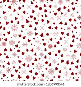 Patrón transparente con copos de nieve, corazones, árbol de Navidad, ilustración vectorial