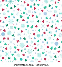 Seamless pattern with snowflakes, hearts, christmas tree, vector illustration