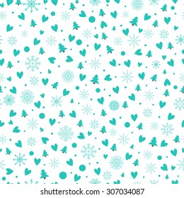 Seamless pattern with snowflakes, hearts, christmas tree, vector illustration