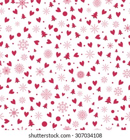 Seamless pattern with snowflakes, hearts, christmas tree, vector illustration