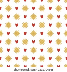 Seamless pattern of snowflakes and hearts. Symmetrical background for wrapping paper. Vector.
