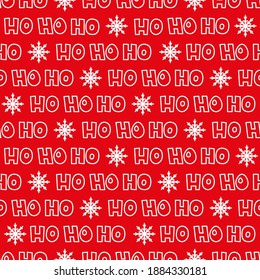 Seamless pattern of snowflakes and Ho ho ho, Santa Claus laugh. Christmas decoration. Vector illustration on a red background.