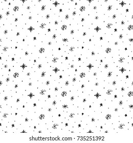 Seamless pattern with snowflakes. Holiday ornament for wrapping paper. Ink illustration. Modern brush calligraphy. Isolated on white background.