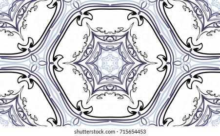Seamless pattern. Snowflakes in honeycomb structure. White background.