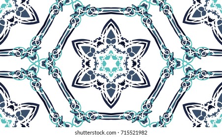 Seamless pattern. Snowflakes inside the six-sided figures. White background.