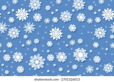 Copos de nieve sin fisuras con fondo azul claro. Fondo de Navidades con espacio de copia.