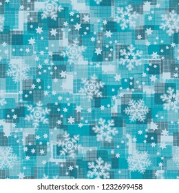 Seamless pattern. Snowflakes are located on the background of winter camouflage.