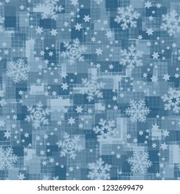 Seamless pattern. Snowflakes are located on the background of winter camouflage.