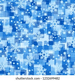 Seamless pattern. Snowflakes are located on the background of winter camouflage.