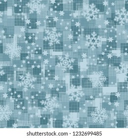 Seamless pattern. Snowflakes are located on the background of winter camouflage.