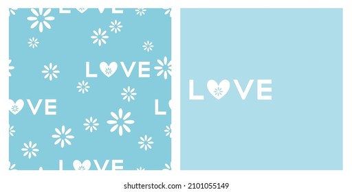 Seamless pattern with snowflakes and love text on blue background. Love text on blue card vector illustration.