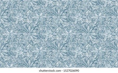 Seamless pattern. Snowflakes made of blue silver. Cellular order.
