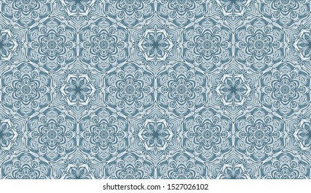 Seamless pattern. Snowflakes made of blue silver. Cellular order.
