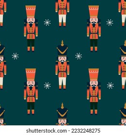 Seamless pattern with snowflakes, nutcrackers on green background