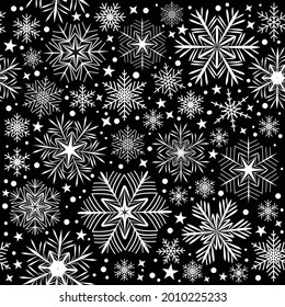 Seamless pattern of snowflakes on a black background. For decoration of borders, postcards, posters, flyers for the New Year and Christmas holidays. Vector illustration